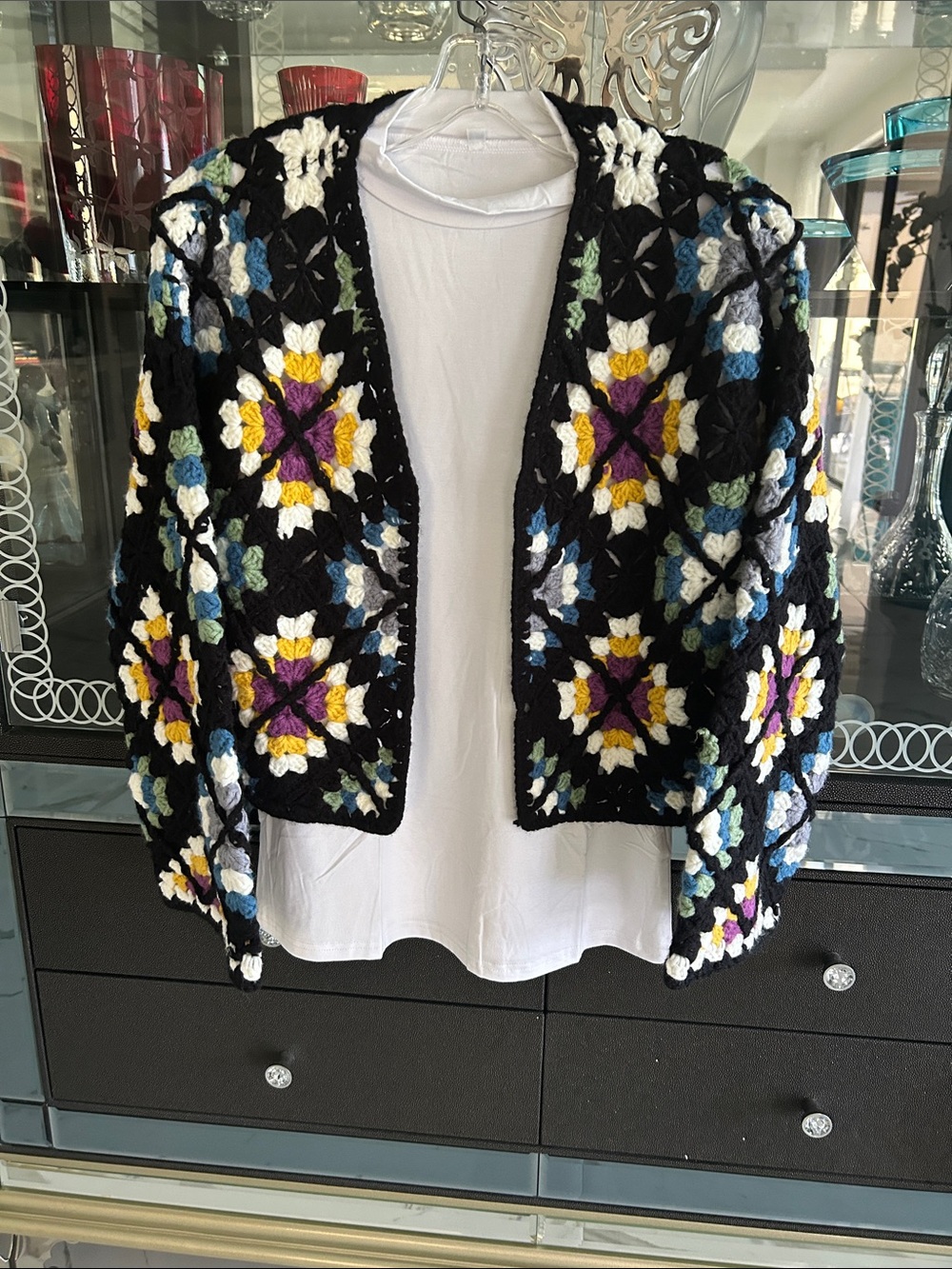 Elan Black Crochet Cardigan with Multicolor Floral Motifs